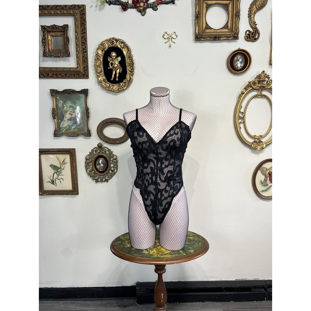 Vintage Black Flock Baroque Lace Bodysuit Large